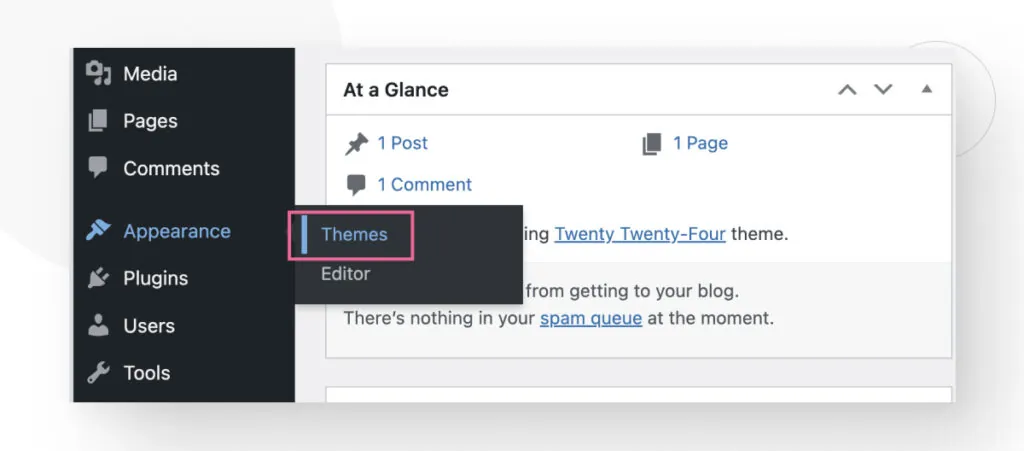 El menú Apariencia en el panel de administración de WordPress, destacando la opción Temas