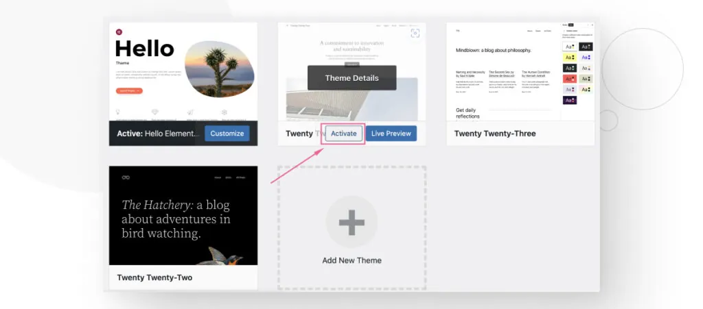 The Themes menu, highlighting the "Activate" button on the Twenty Twenty-Four theme
