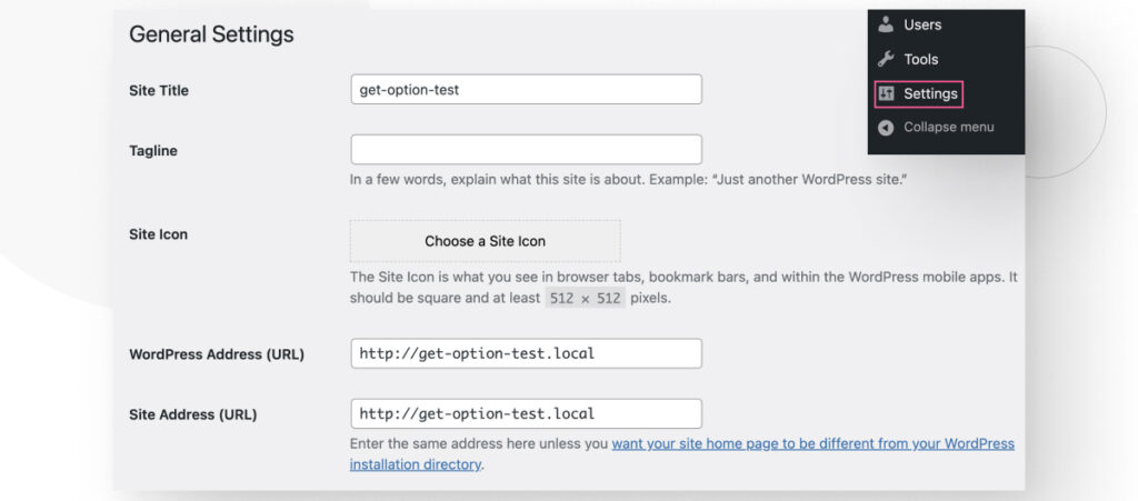 WordPress's General Settings interface, showing various configuration textboxes