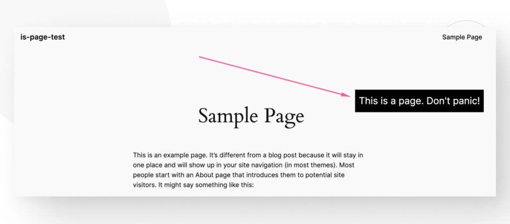 A WordPress sample page. An arrow points to a textbox that reads "This is a page. Don't panic!"