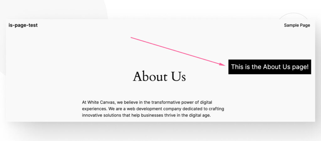 A WordPress "About Us" page. An arrow points to a textbox that reads "This is the About Us page!"