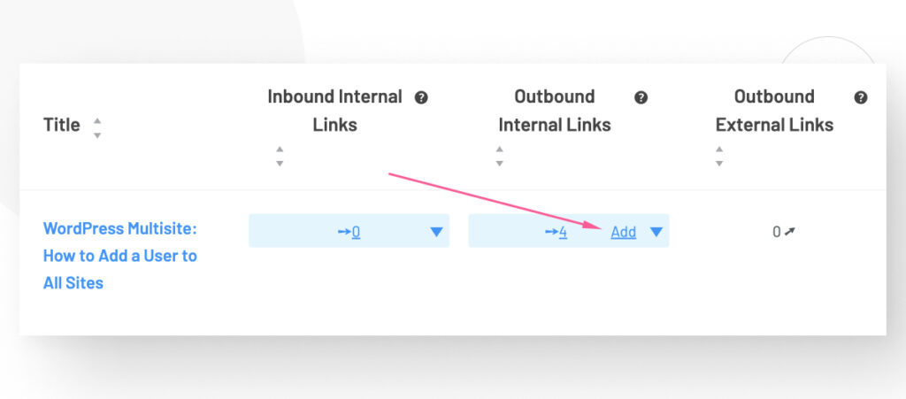 The Internal Links Report interface in WordPress's Link Whisper plugin. An arrow points to the "Add" button