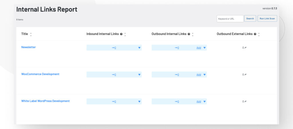 The Internal Links Report interface in WordPress's Link Whisper plugin