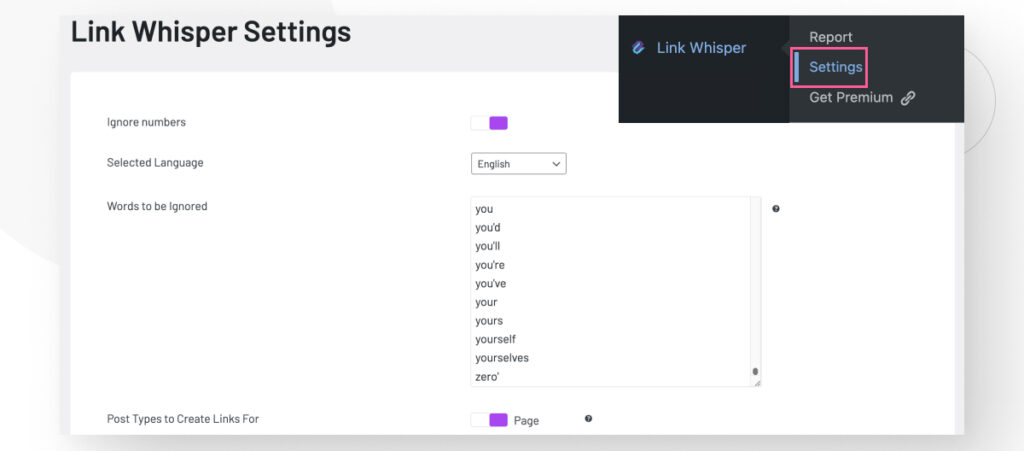The Settings interface in WordPress's Link Whisper plugin