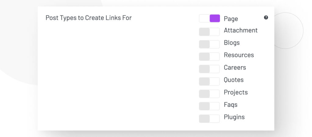 The Post Types section in the Settings for WordPress's Link Whisper plugin
