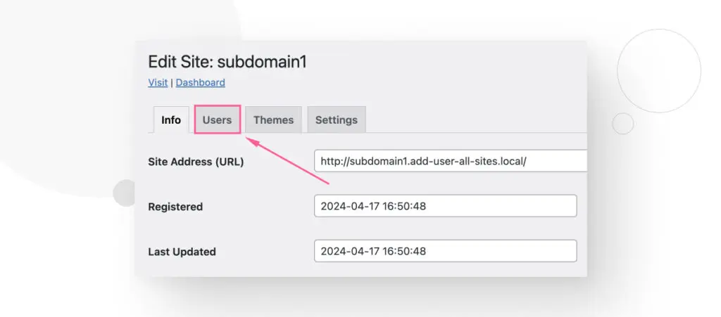 Highlighting the "Users" tab in WordPress's "Edit Site" menu screen