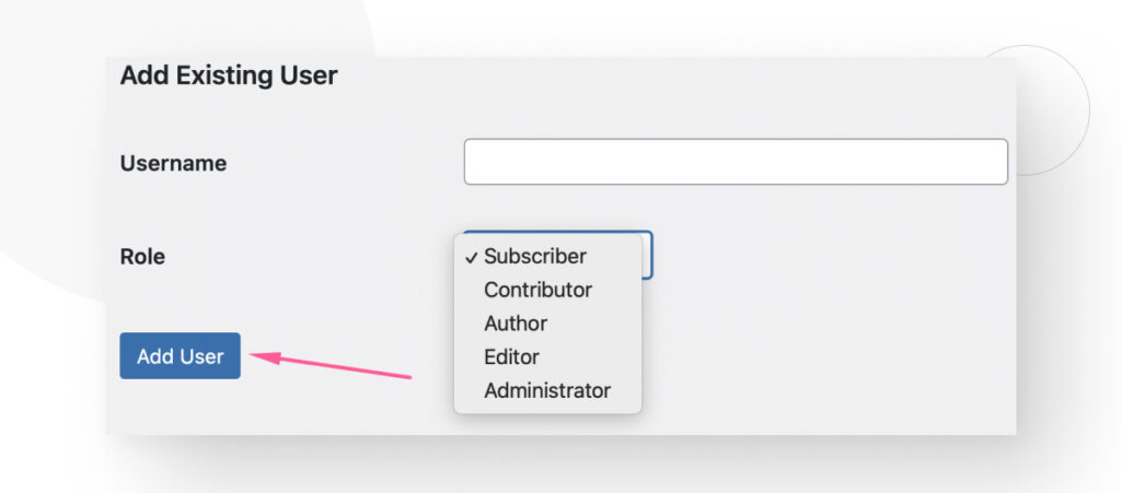 The "Add Existing User" menu in WordPress