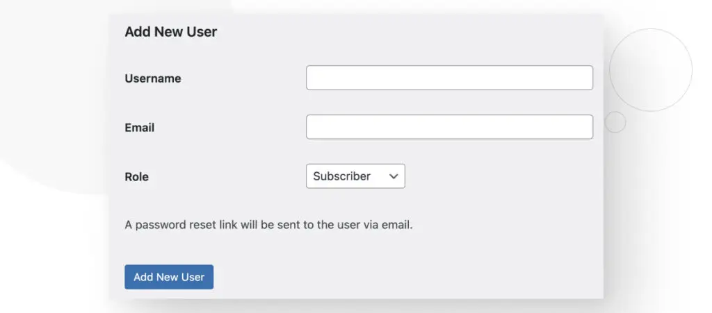 The "Add New User" menu in WordPress
