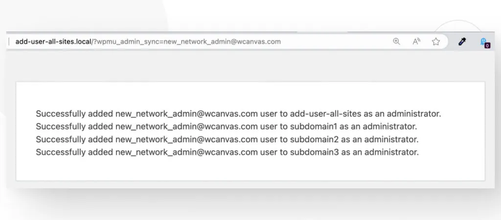 The WordPress interface showing that you've successfully added the admin user new_network_admin@wcanvas.com by using a custom function