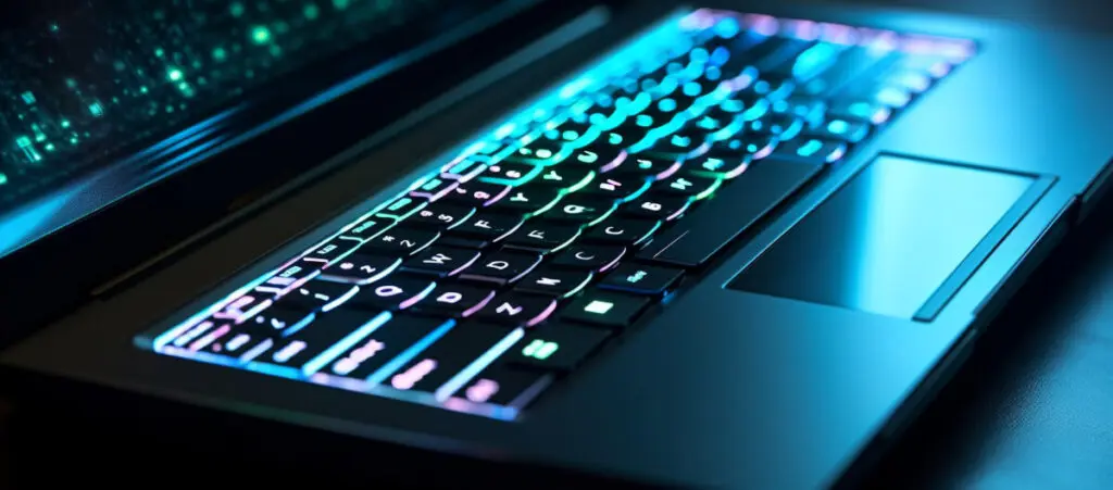 A laptop with a colorful keyboard in a dim-lit room