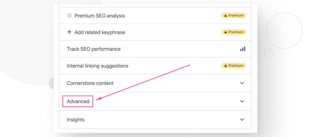 Yoast SEO options in WordPress, highlighting the "Advanced" section