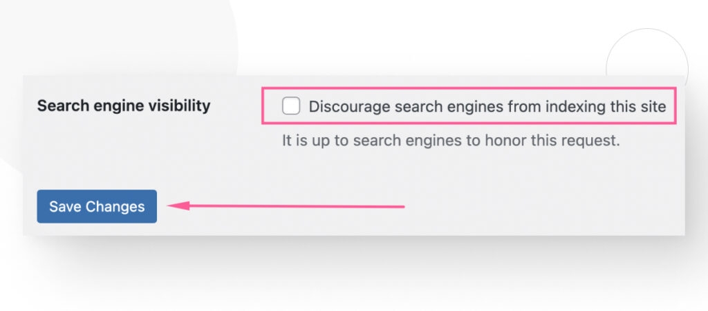 WordPress's Reading options, highlighting the option to discourage search engine from indexing your site