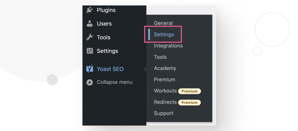 The WordPress dashboard's sidebar, highlighting the Settings option in Yoast SEO's submenu