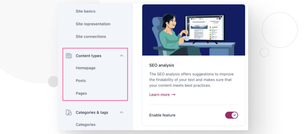 Yoast SEO's Settings sidebar, highlighting the Content Types dropdown menu, including the Homepage, Posts, and Pages submenu