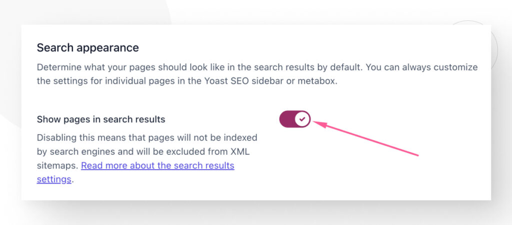 Yoast SEO's Settings, highlighting the slider button that shows or hides all pages in search engine results