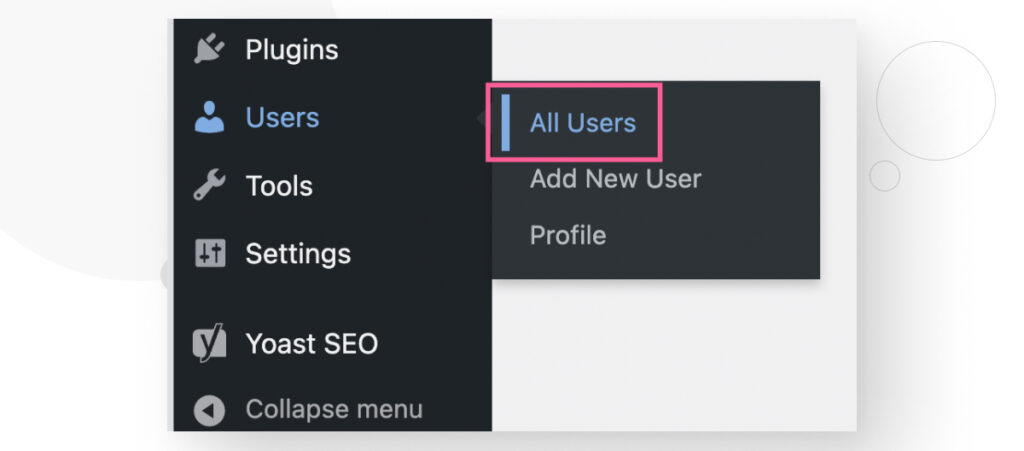 The WordPress dashboard's sidebar, highlighting the All Users option in the Users submenu