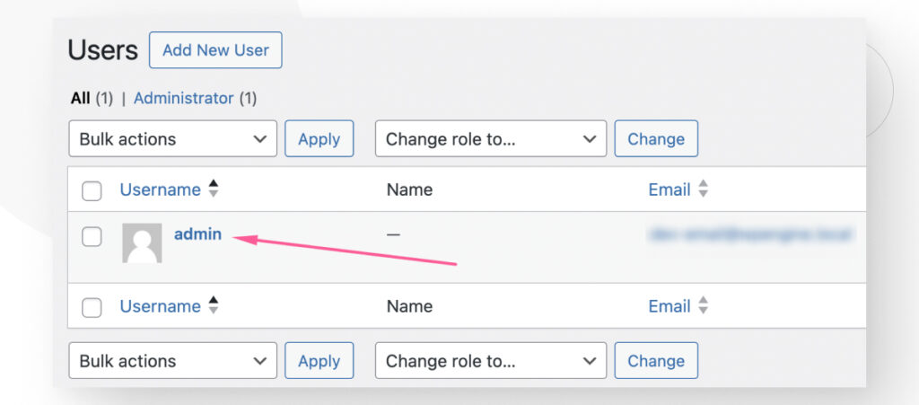 The WordPress user management, highlighting the username "admin"