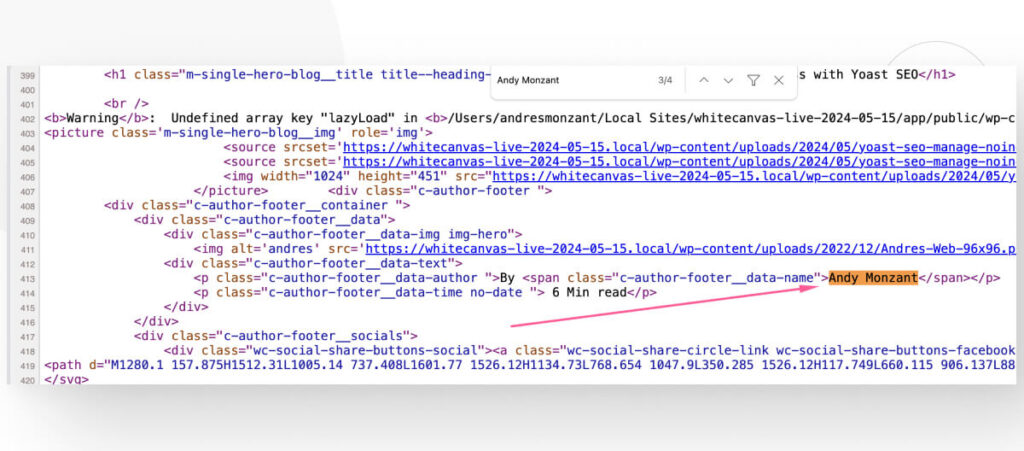 The HTML source code for a WordPress blog post
