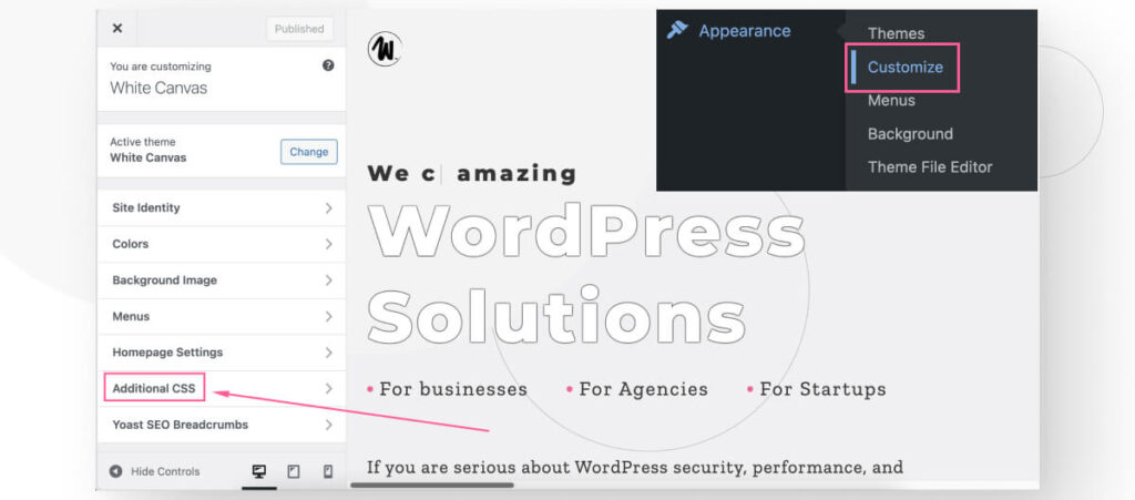 The "Customize" interface WordPress' "Appearance", highlighting the "Custom CSS" feature
