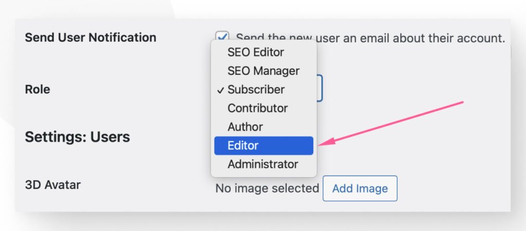 A dropdown menu for assigning user roles in WordPress's "Add New User" interface