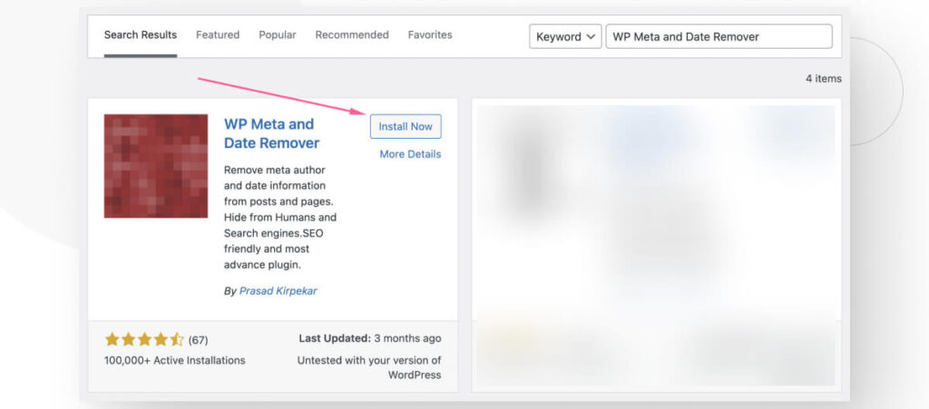 The WordPress "Install New Plugin" interface, highlighting the "WP Meta and Date Remover" plugin