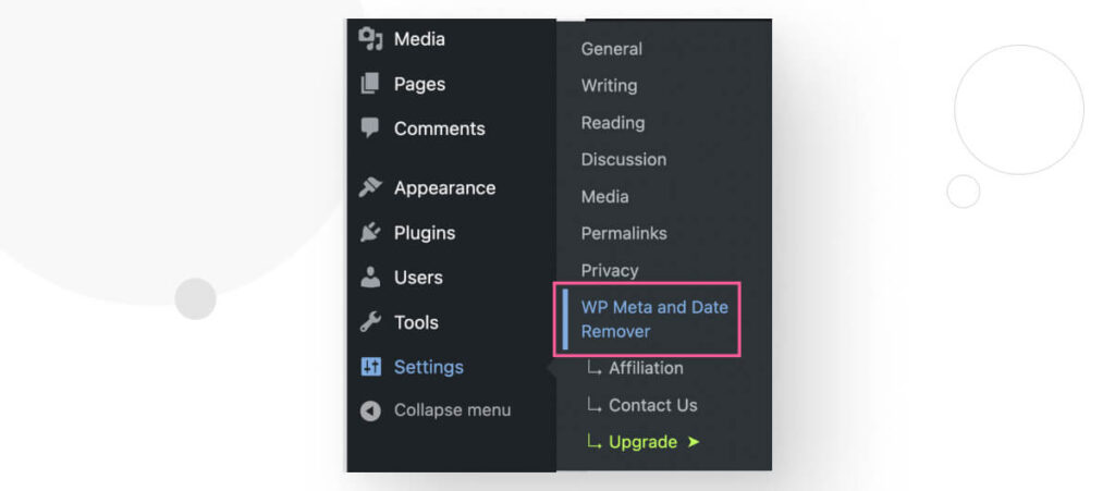 The WordPress dashboard's sidebar, highlighting the "Settings" submenu and the "WP Meta and Date Remover" option