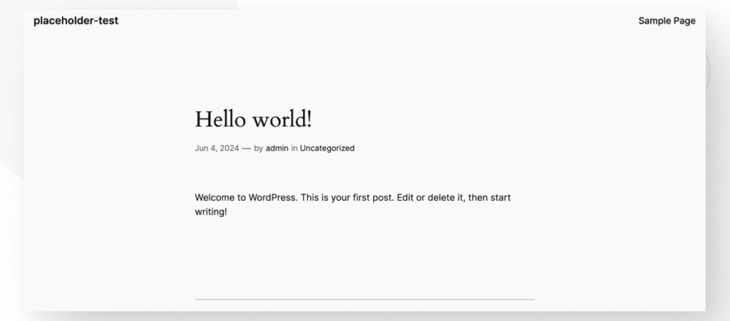 A placeholder WordPress post titled "Hello, World!"