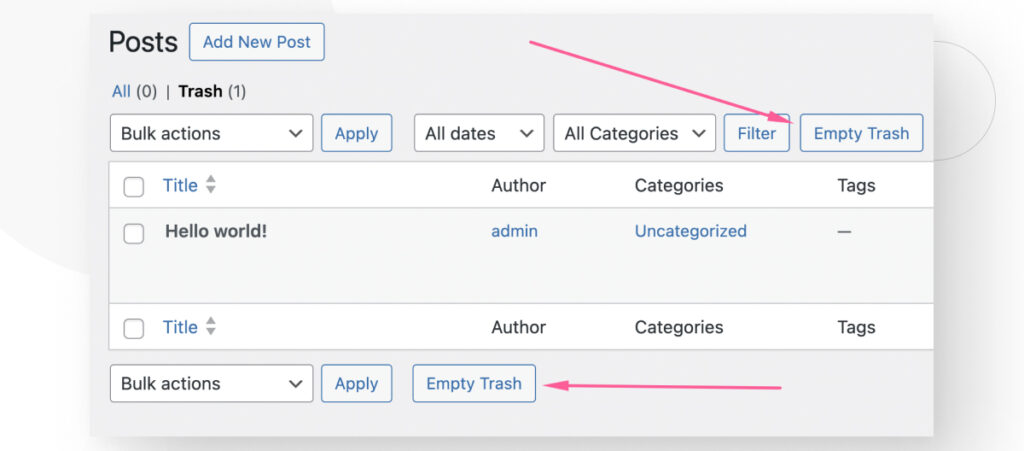 The WordPress "All Posts" interface, highlighting the "Empty Trash" buttons