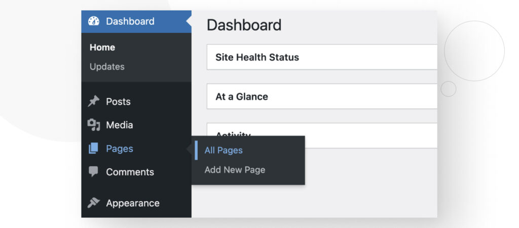 The WordPress dashboard interface, highlighting the "All Pages" section in the "Pages" submenu