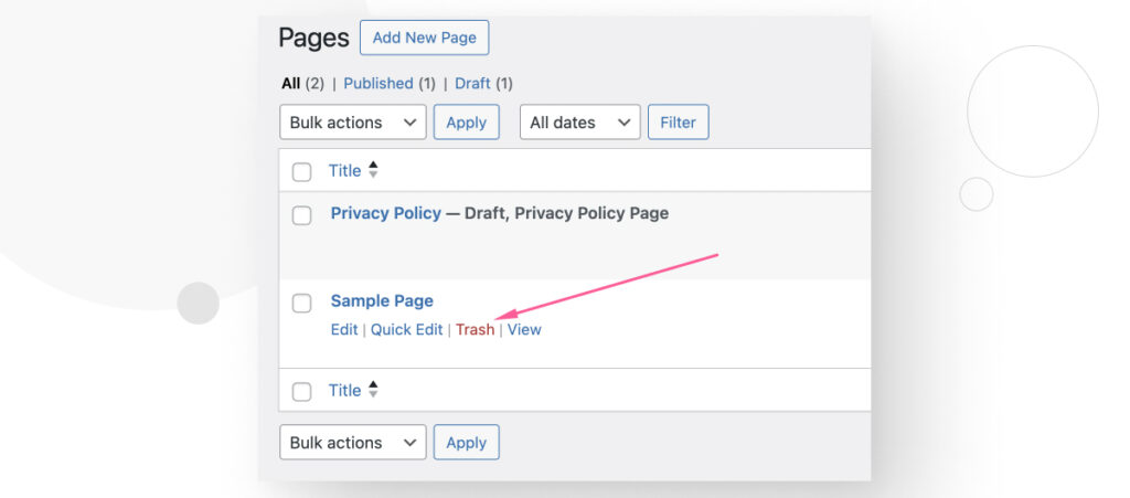 The WordPress "All Pages" interface, highlighting the Trash button