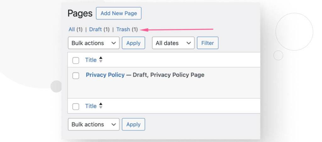 The WordPress "All Pages" interface, highlighting the Trash section above the list of pages