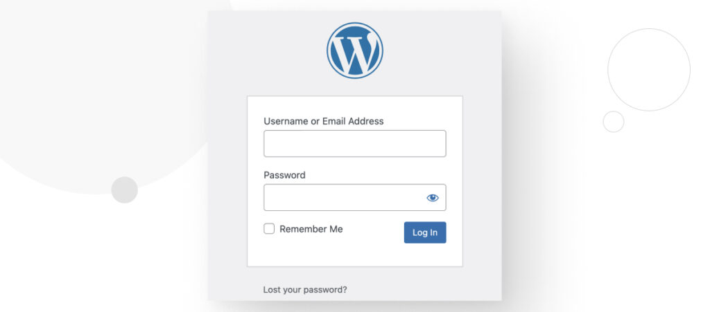 The WordPress login interface, with textboxes for entering your email address and password