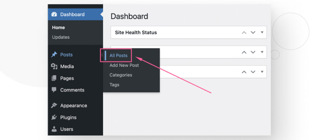 The WordPress dashboard interface, highlighting the "All Posts" section in the "Posts" submenu