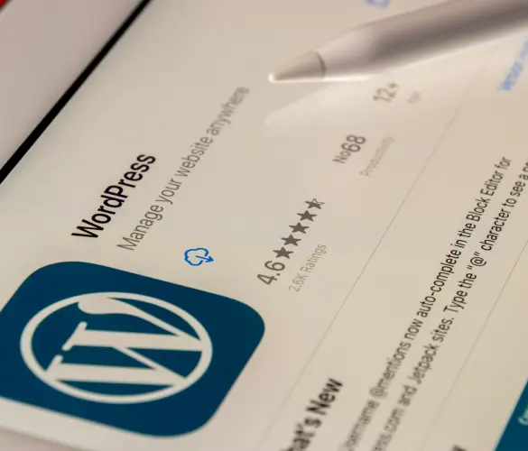 A tablet displaying the WordPress app for download