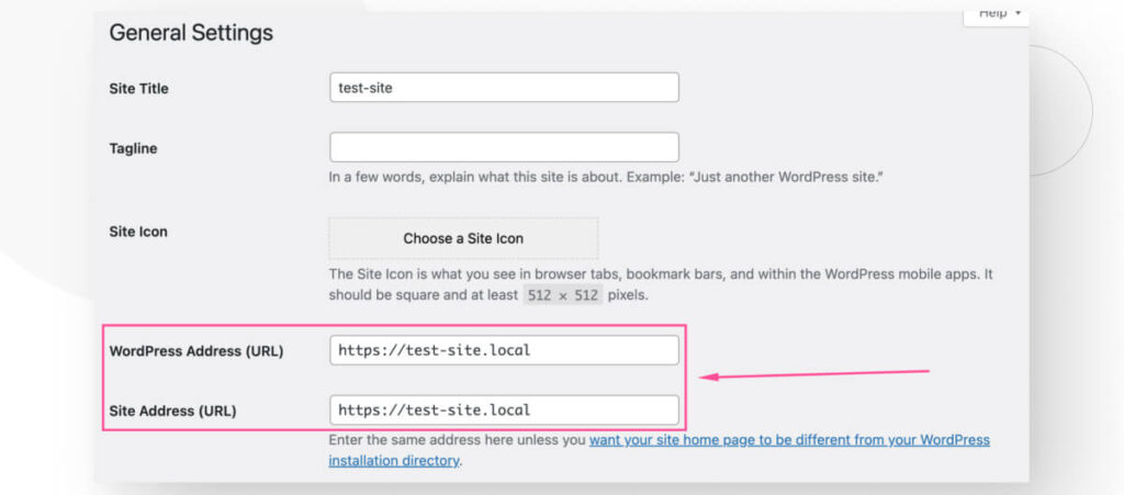 The WordPress "General Settings" interface, highlighting the "WordPress Address (URL)" and "Site Address (URL)" settings