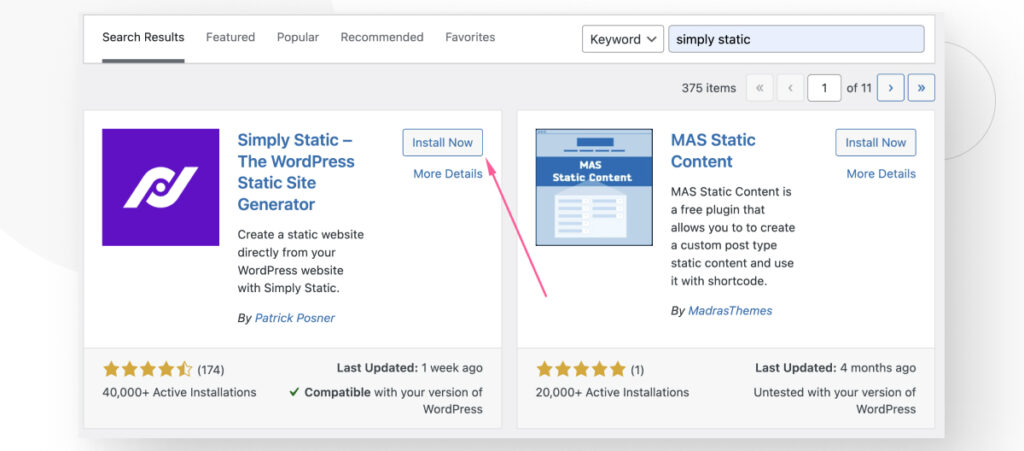 WordPress's plugin search interface, highlighting the "Simply Static" plugin 