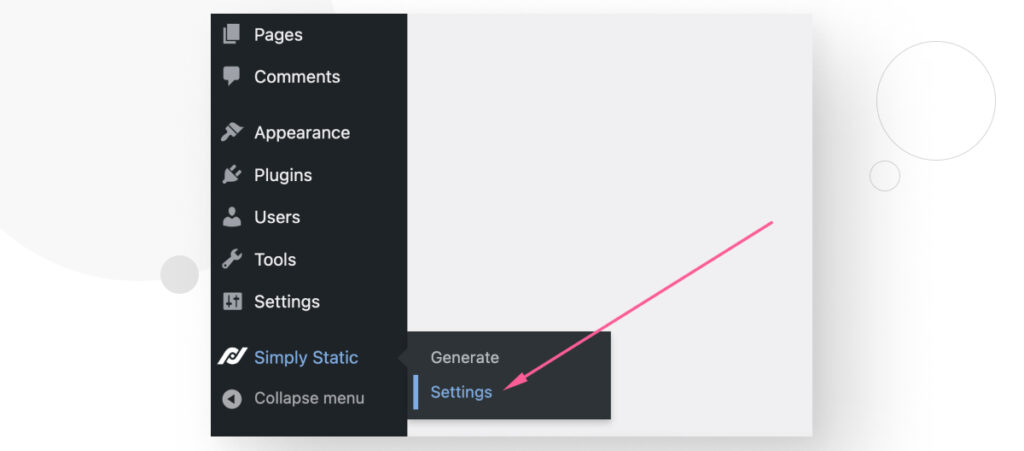 The WordPress admin interface, highlighting the Settings option for the Simply Static plugin