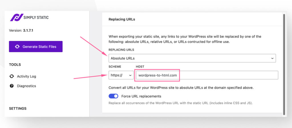 Configuraciones para el plugin Simply Static