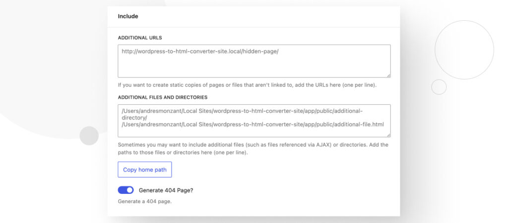 Las configuraciones "Incluir" para el plugin Simply Static