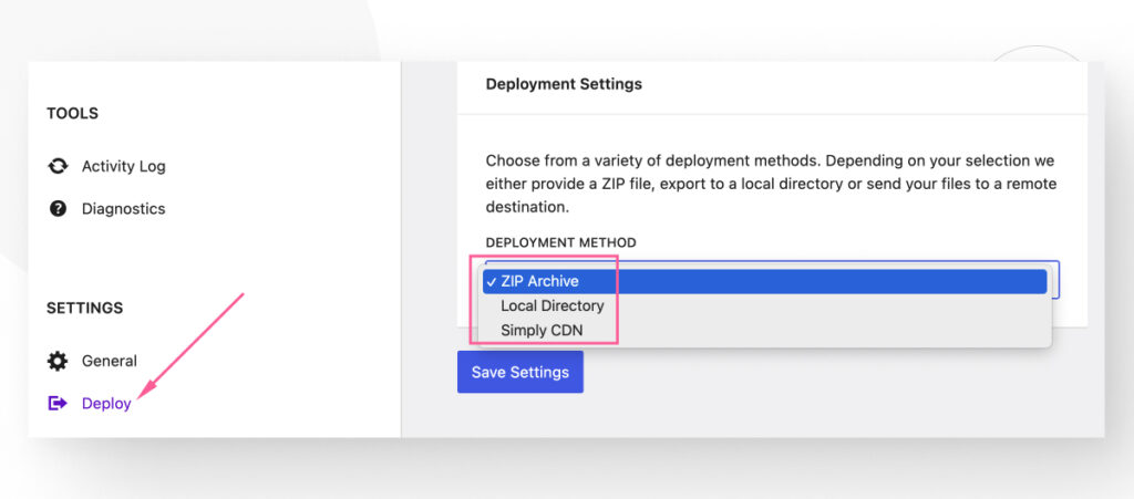 Las configuraciones "Despliegue" para el plugin Simply Static