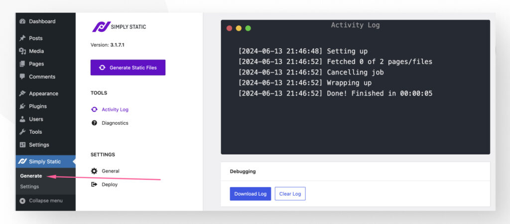 The "Generate" settings for the Simply Static plugin