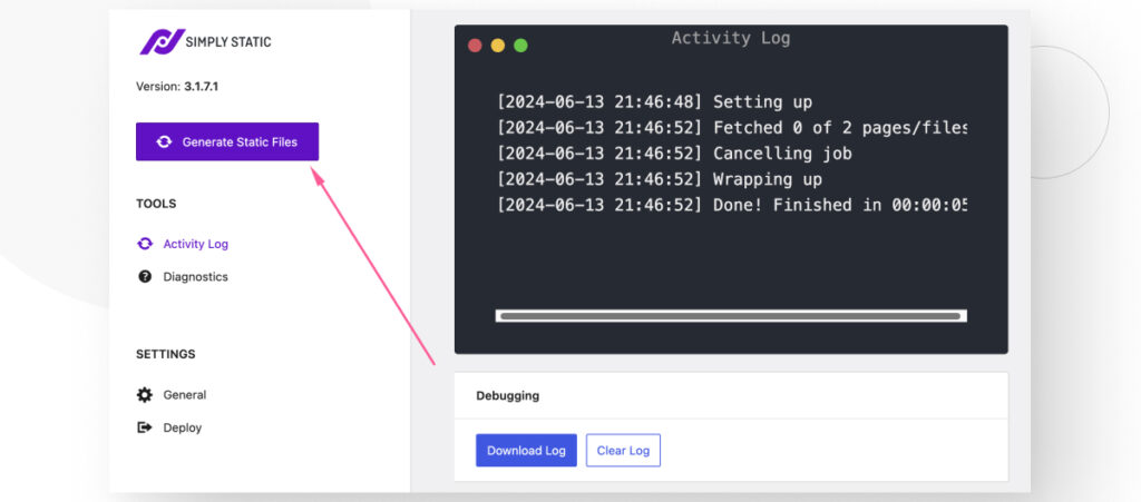 Las configuraciones "Generar" para el plugin Simply Static, destacando el botón para generar páginas estáticas