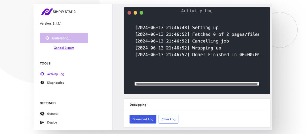 The "Generate" settings for the Simply Static plugin