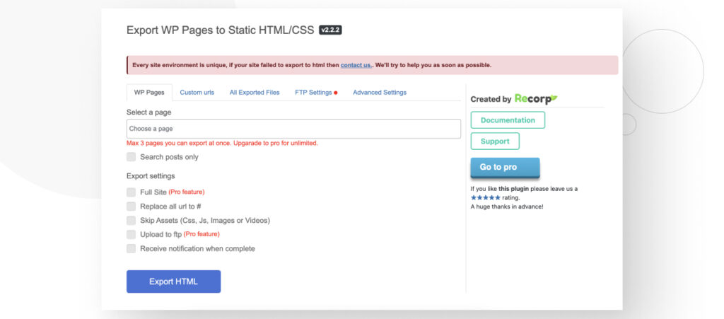 The main interface of the Export WP Page to Static HTML/CSS plugin