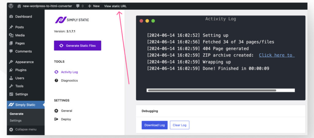 Las configuraciones "Generar" para el plugin Simply Static, destacando el botón para visitar el sitio estático recién generado