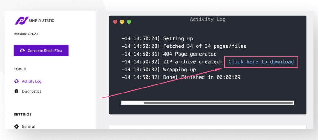The "Generate" settings for the Simply Static plugin, highlighting the link to download the static site's ZIP archive
