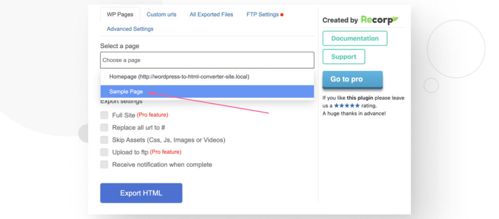 Searching pages in the Export WP Page to Static HTML/CSS plugin