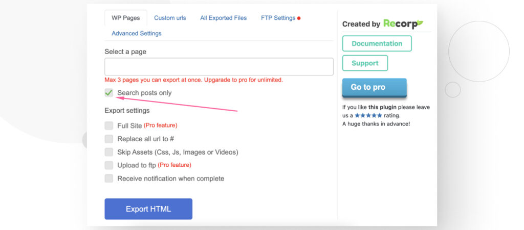 The "Search posts only" feature in the Export WP Page to Static HTML/CSS plugin