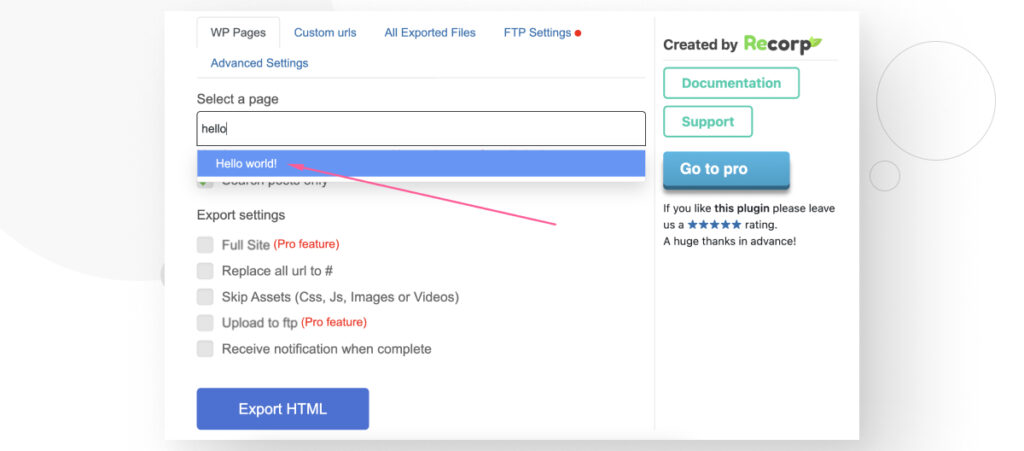 Buscar publicaciones en el plugin Export WP Page to Static HTML/CSS