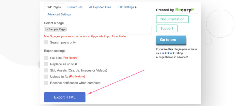 The main interface of the Export WP Page to Static HTML/CSS plugin, highlighting the "Export HTML" button